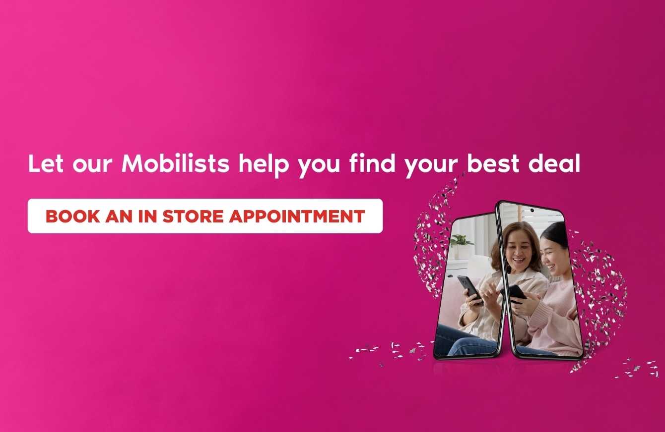 "LET OUR MOBILISTS HELP YOU FIND YOUR BEST DEAL" in white font above a red box containing "BOOK AN INSTORE APPOINTMENT" next to a phone image displaying two people smiling at their phones while sitting on a couch.